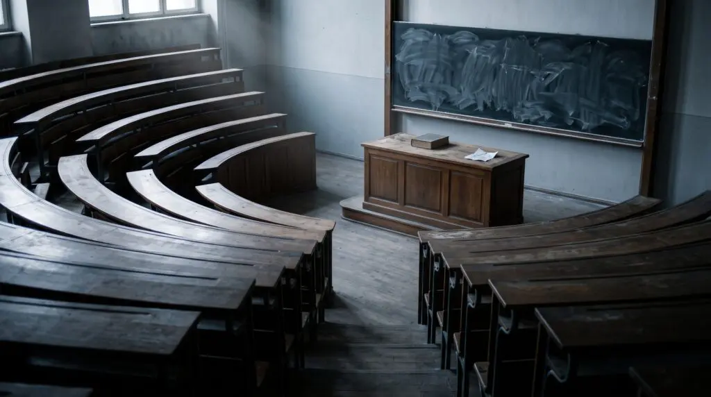 Pupitre de professeur vide dans un amphithéâtre désert, un livre fermé posé dessus, éclairé par une lumière froide