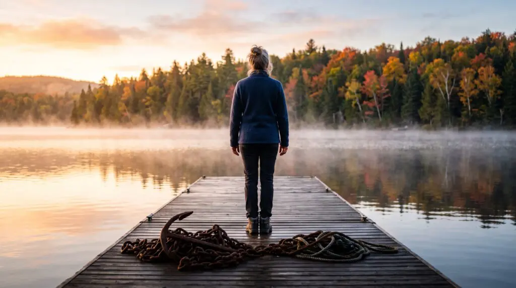 Silhouette d'une femme debout face au lever du soleil au bord d'un lac québécois
